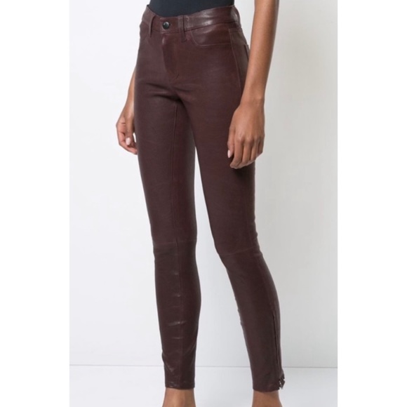 J BRAND • Burgundy Stretch Lamb Leather Skinny Ankle Zip Pants - Picture 1 of 16